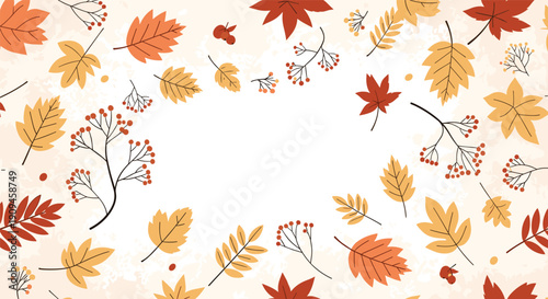 Autumn themed background frame featuring a variety of colorful falling leaves and berry branches on a light textured surface.