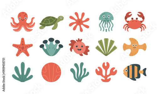 Simple ocean themed vector clipart bundle isolated background vector illustration, easily editable.