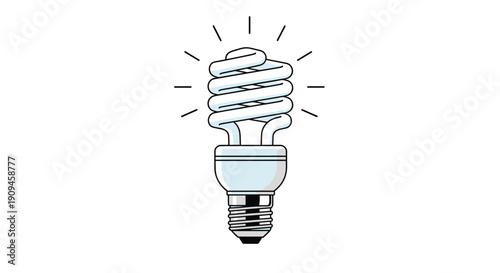 Illustration of a white compact fluorescent light bulb glowing with rays of light symbolizing energy efficiency and big ideas.