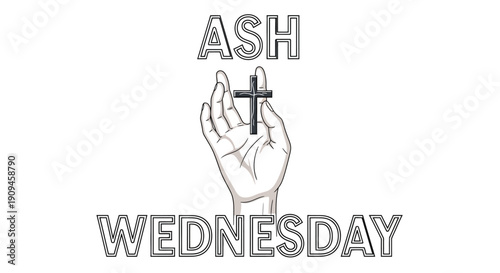 Illustration of a hand holding a cross with the text 'ASH WEDNESDAY' in a simple, iconic design for religious and cultural contexts.
