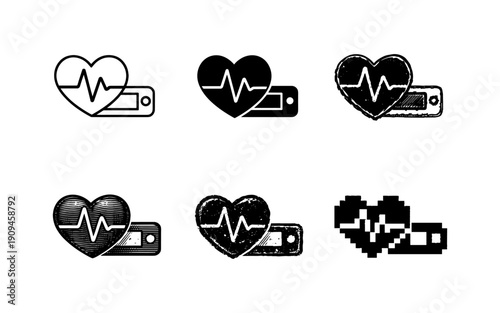 Set of heart pulse icons with different artistic styles and pixelated representation