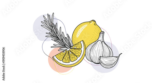 Artistic culinary illustration with a whole lemon, a slice, a garlic bulb, and rosemary over soft pastel circular shapes.