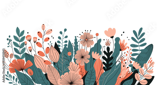 Horizontal border design with a variety of hand drawn wildflowers, leaves, and botanical elements in peach and teal colors.