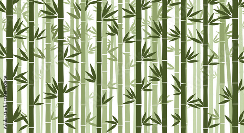 Dense seamless pattern of green bamboo forest with many vertical stalks and scattered leaves for a natural oriental feel.