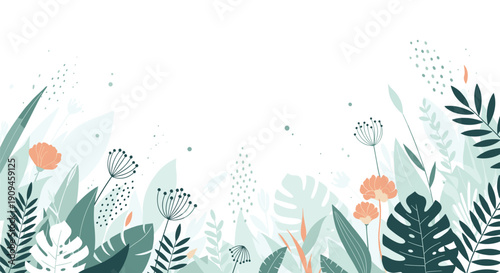 Bottom border design with soft colored tropical leaves, flowers, and botanical elements for a fresh summer garden theme.