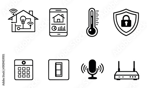 Smart home technology icons on dark background featuring security and connectivity
