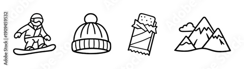 Winter adventure icons: snowboarding, hat, snack bar, mountains