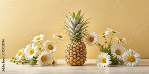 A vibrant pineapple centerpiece surrounded by delicate chamomile blossoms, a summer still life arrangement on a neutral background