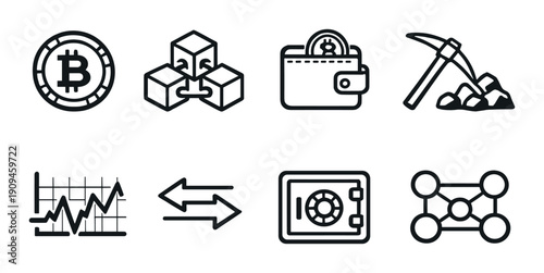 Cryptocurrency icons: blockchain, wallet, mining, trading, secure transactions