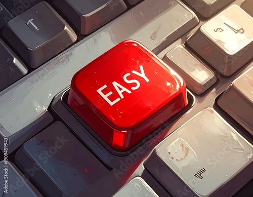 Red easy button on computer keyboard symbolizes simplicity and efficiency