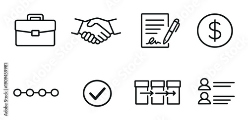 Minimalist icons depicting office work and business processes in black outline