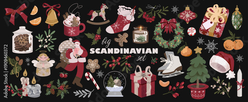 Big Christmas Scandinavian Set. Vector trendy Xmas design and illustration. Cozy Ornaments, Folk Art, Vintage Nordic winter elements. Santa, ball, candle, wreath, gingerbread