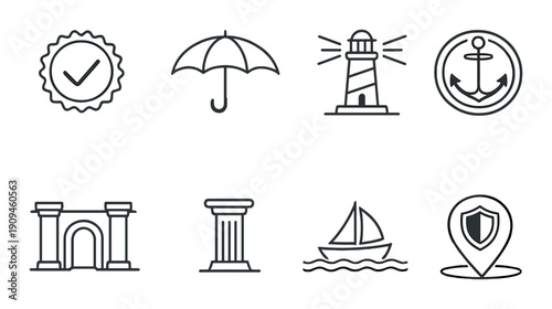 Monochrome nautical icon set with umbrella and lighthouse illustrations