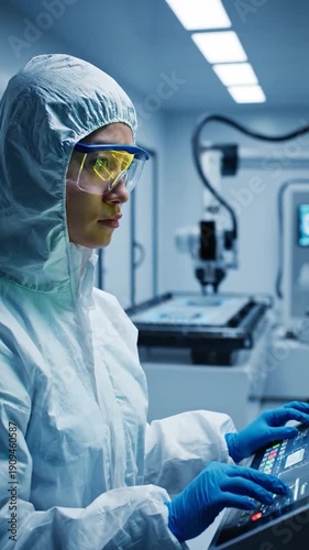 Female scientist in cleanroom suit operates advanced control panel