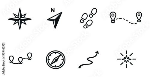 Black and white navigation icons: compass, arrow, map, steps, and locations
