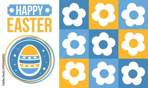 Happy Easter in April. Christian spring holiday in honor of the resurrection of Christ. Biblical history. Traditional dyeing eggs with patterns, fun game for children searching for easter eggs. Vector