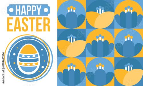 Happy Easter in April. Christian spring holiday in honor of the resurrection of Christ. Biblical history. Traditional dyeing eggs with patterns, fun game for children searching for easter eggs. Vector