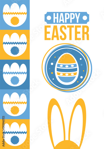 Happy Easter in April. Christian spring holiday in honor of the resurrection of Christ. Biblical history. Traditional dyeing eggs with patterns, fun game for children searching for easter eggs. Vector