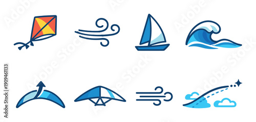 Colorful kite and blue sailboat with waves and wind icons on a dark background