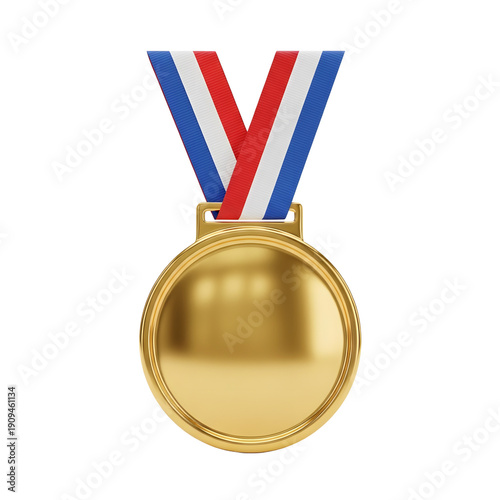 Gold medal with red white blue ribbon.