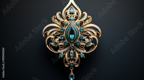 Elegant vintage brooch with teardrop turquoise gemstone and intricate gold design