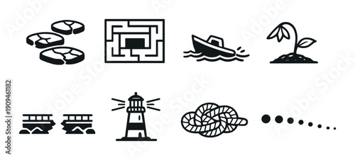 Abstract symbols: navigation, puzzle, nature, architecture, and maritime elements