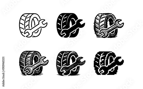 Set of tire and wrench icons representing automotive service and repair options