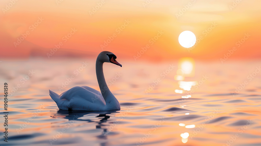 Fototapeta premium A swan is swimming in the ocean at sunset