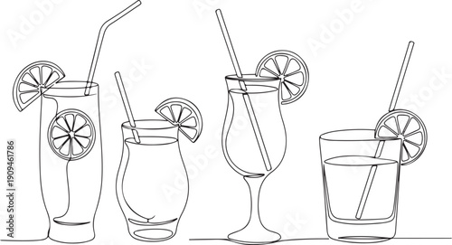 A black and white line drawing depicting a variety of four tropical cocktails with orange slices and straws.