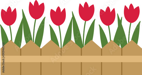 Flower bed with wooden fence flat vector clipart.
Spring flower garden border.
Cute Simple spring flowers in wooden fence illustration.
svg.