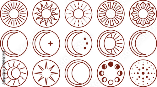 A collection of mystical sun moon and celestial icons perfect for spiritual design projects