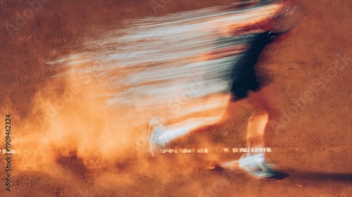 Runner in black athletic clothing moves swiftly on a dirt track, creating a cloud of dust and motion blur, emphasizing speed and athleticism