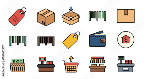 Collection of shopping icons including price tags, barcodes, boxes, and registers.