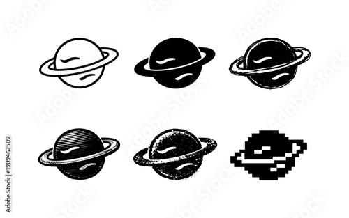 Collection of six stylized planet icons with rings in various artistic styles