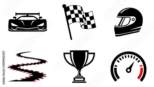 Racing icons including car, flag, helmet, trophy, and speedometer