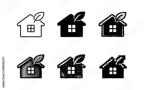 Set of eco-friendly house icons with leaf symbols and different artistic styles