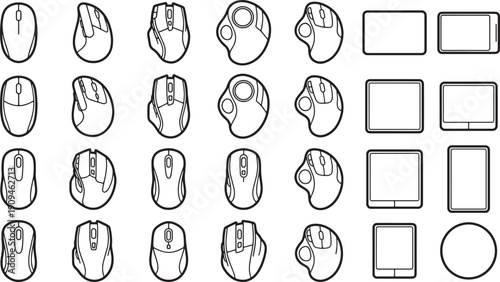 A collection of computer mouse icons in varying styles and shapes, presented in a sleek and minimalist design.