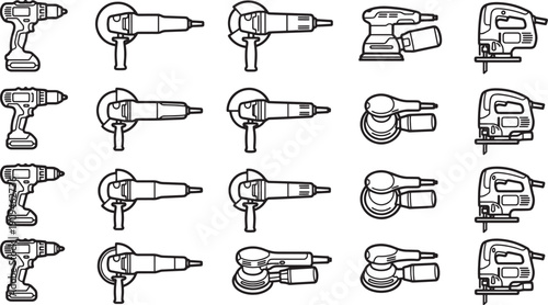 A variety of construction tools in a structured grid formation. Suitable for industrial and building materials projects. 