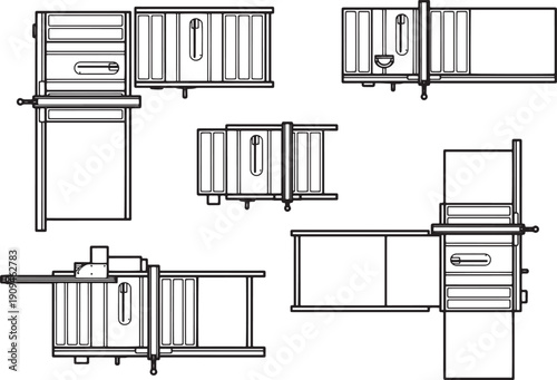 Detailed blueprint-style illustrations showcase a carpenter's workbench from various perspectives, providing a technical diagram for construction and design enthusiasts.