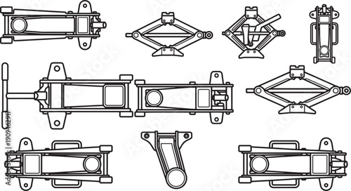 Detailed mechanical illustrations of a car jack showcase its intricate design and functionality from various angles, creating a sense of technical precision and practical utility.