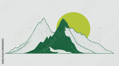 A minimalist digital illustration of mountain peaks rendered in a wireframe style with green and white colors (1)_traced