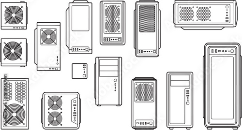 Illustrative computer tower showcases varied designs and internal components, illustrating computing hardware's functional aesthetics.