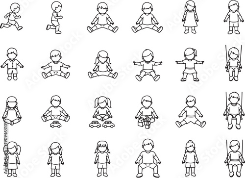 Childlike figures of children in diverse poses in a captivating display of youthful energy. Exploring the themes of playfulness, active life and childhood joy.