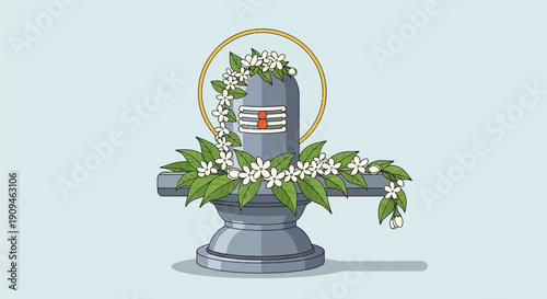 Hindu Shiva Lingam with flowers and leaves illustration.