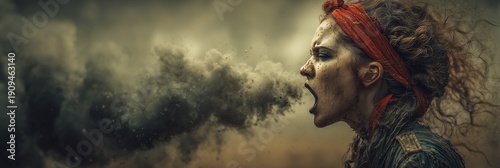 Young woman, female screams while exhaling a thick cloud of black smoke. She wears a red headband and has war paint on her face.