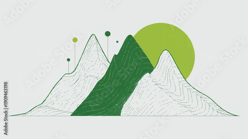 A minimalist digital illustration of mountain peaks rendered in a wireframe style with green and white colors (2)_traced