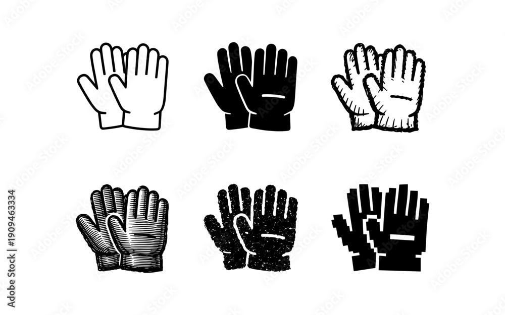 Fototapeta premium Collection of six different glove icons in various artistic styles and textures