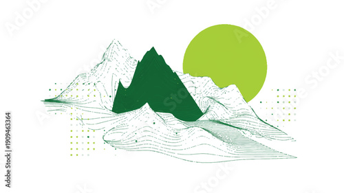 A minimalist digital illustration of mountain peaks rendered in a wireframe style with green and white colors (3)_traced