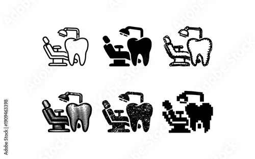 Set of dental chair and tooth icons in various artistic styles for dental care