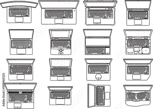 A collection of various laptops are displayed from a top-down perspective, showcasing their individual designs and layouts, emphasizing technology and design.